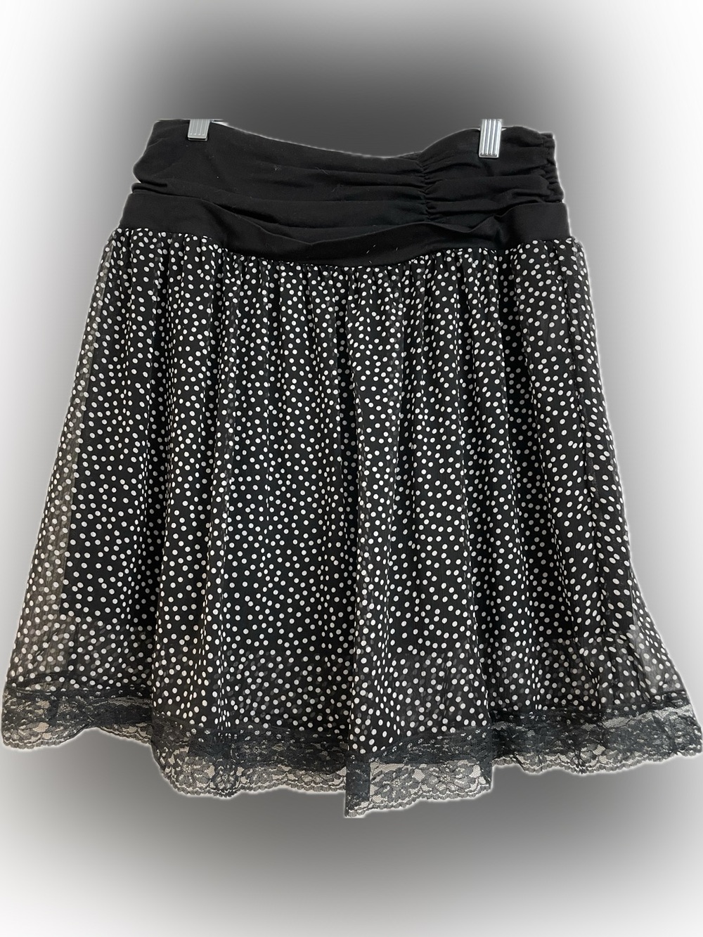 NWOT Attentif Paris Black with White  Polka Dot Skirt and Lace Trim